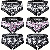 SENBEVINI 6pcs Gothic Chic Low Rise Bikinis Contrast Lace, Skull & Eyeballs & Stars Print, Women Comfortable Hipster Panties