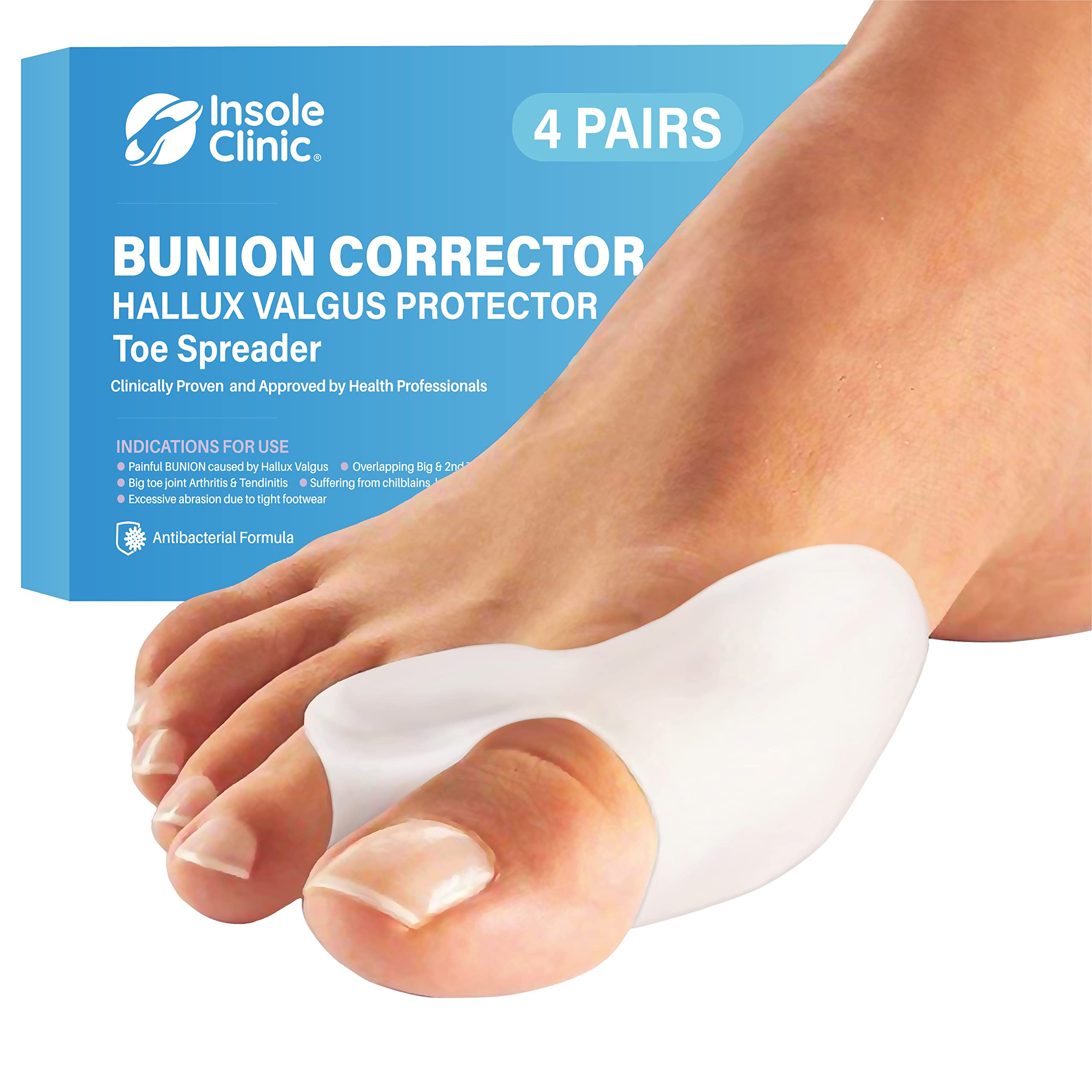 Insole Clinic 8 x Bunion Corrector Protector Pads Toe Separator Straightener to Support, Medical Grade SILICONE, Universal Size for Men & Women