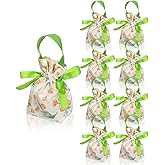 Liobelon 8 Pieces Floral Gift Bags with Handle, Flower Printed Tea Party Favor Bags with Drawstring, Canvas Small Candy Bags for Wedding Favors Bridal Shower Baby Shower Thank You Gifts (Green)