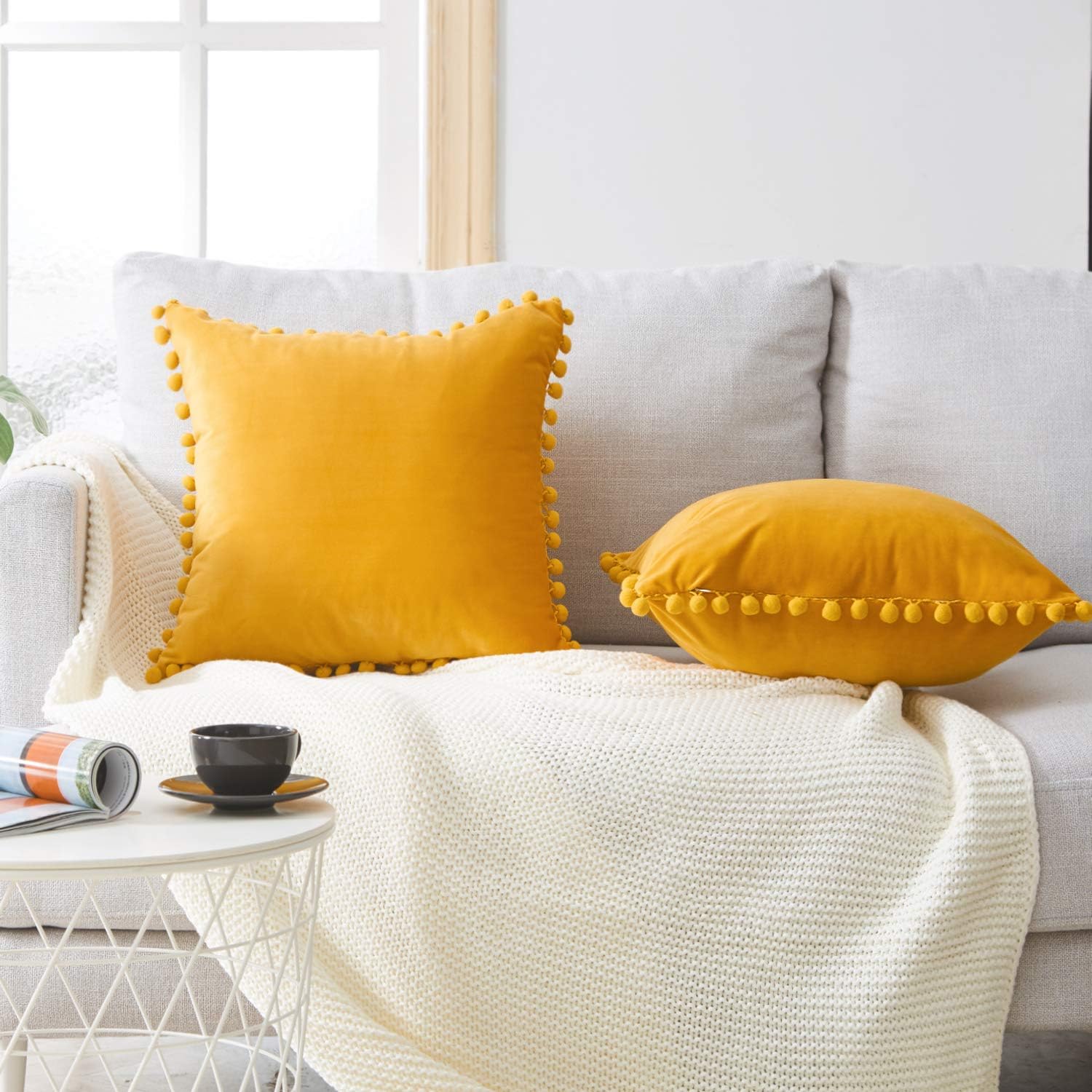 Top Finel Decorative Throw Pillow Covers with Pom Poms Soft Particles Velvet Solid Cushion Covers 20 X 20 for Couch Bedroom Car, Pack of 2, Mustard Yellow: Home & Kitchen