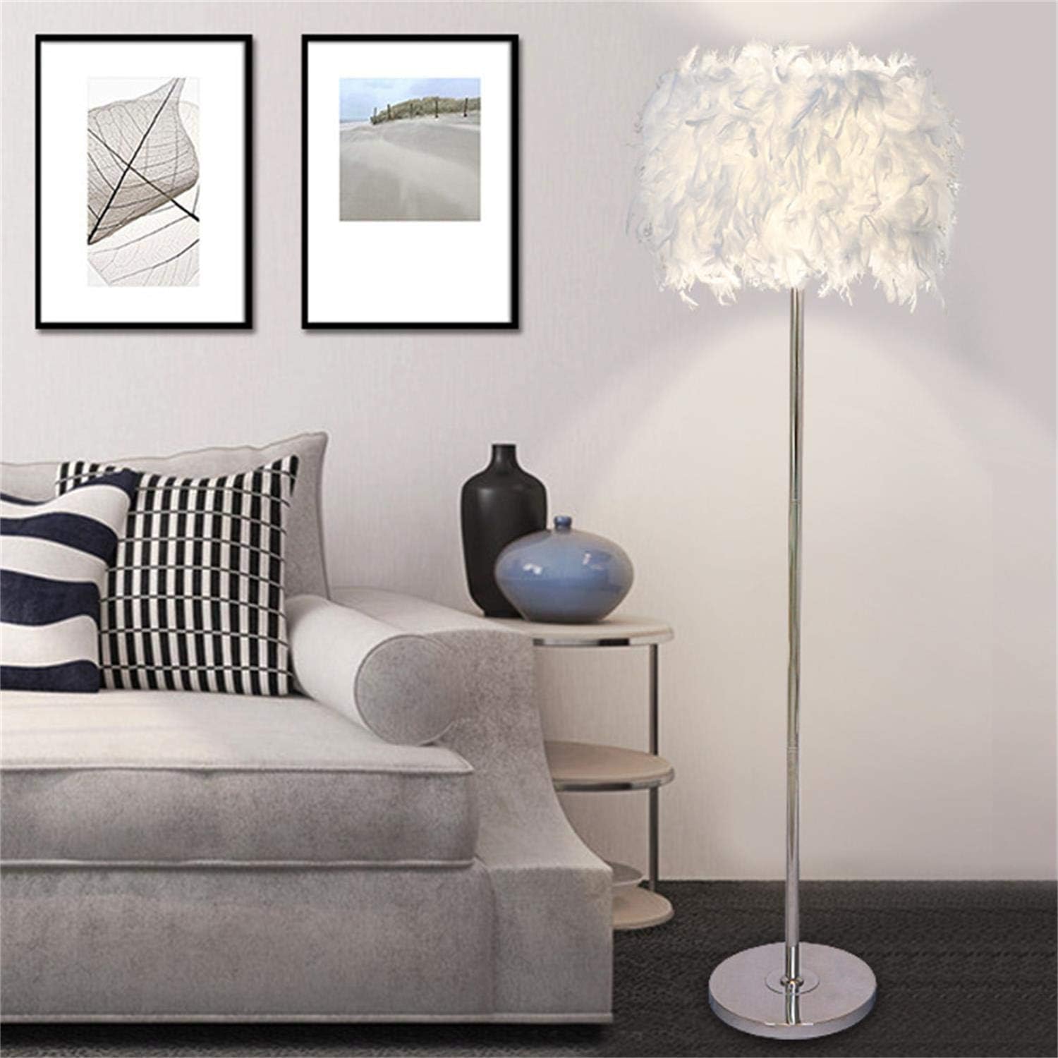 LED Floor lamp, Modern Vertical lamp, Natural Feather lampshade, Soft, Anti-Glare, Thick Metal Base, Stable Floor lamp, Remote Control, 3 Colors Adjustable, Used for Living Room, Bedroom, Study.