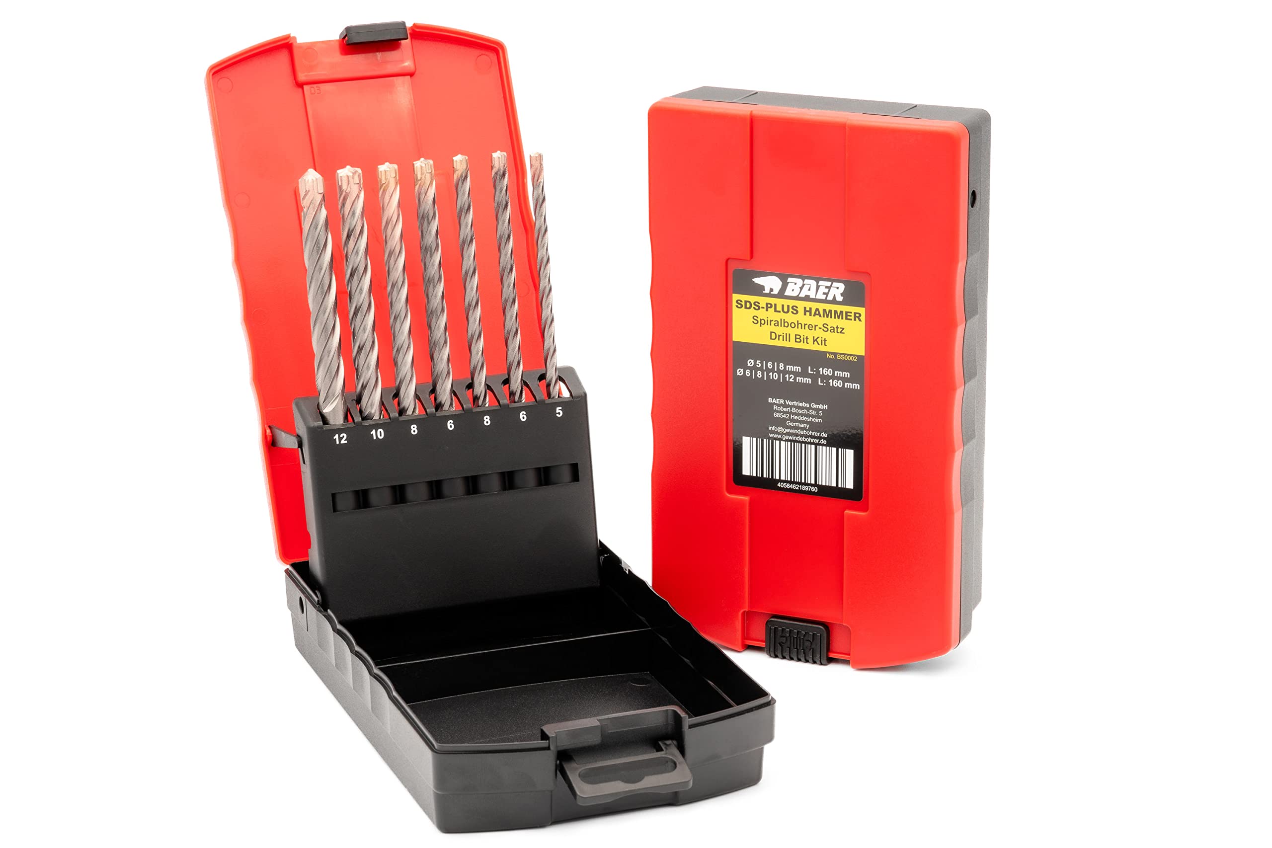 BAER SDS-Plus Hammer Drill Bit Set (7 Pieces) 5-12 mm - Drill Bit Set for Concrete, Stone, Granite - Concrete Drill Set