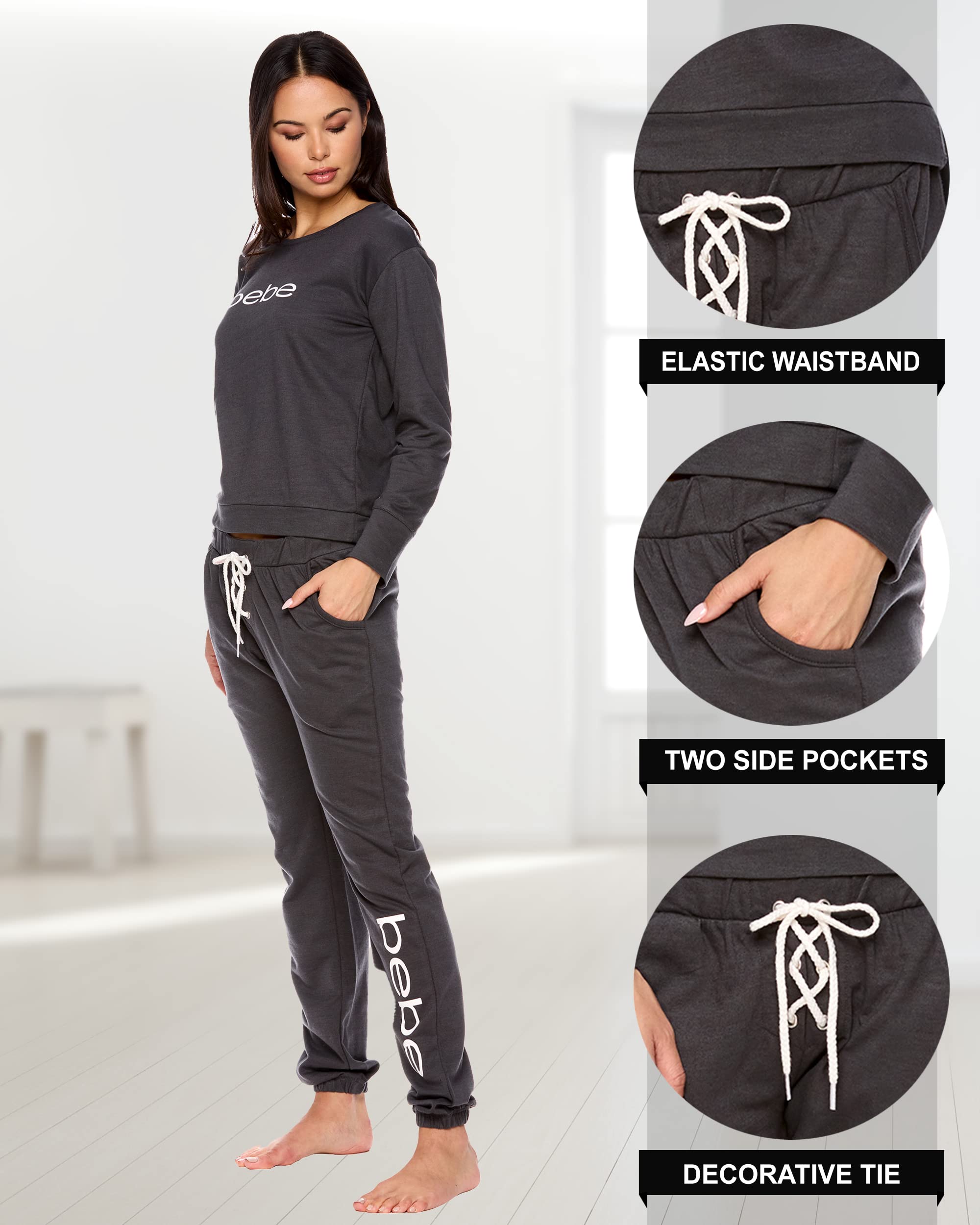 bebe Womens Pajama Sets - French Terry Pajamas Long Sleeve Pullover Top and PJ Pants with Pockets - Sleepwear for Women (Charcoal, Large)