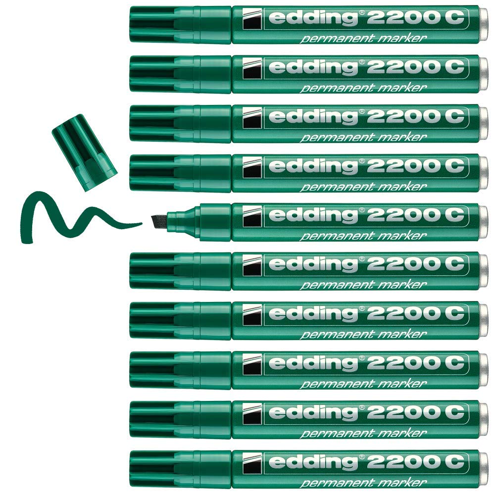 edding 2200 C permanent marker - green - box of 10 - chisel tip 1-5 mm - quick-drying permanent marker pen - waterproof, smudge-proof - for cardboard, plastic, wood, metal, fabric