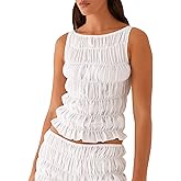 Women Y2k Smocked Tank Top Polka Dot Cute Peplum Crop Top Sleeveless Boat Neck Shirred Going Out Tops