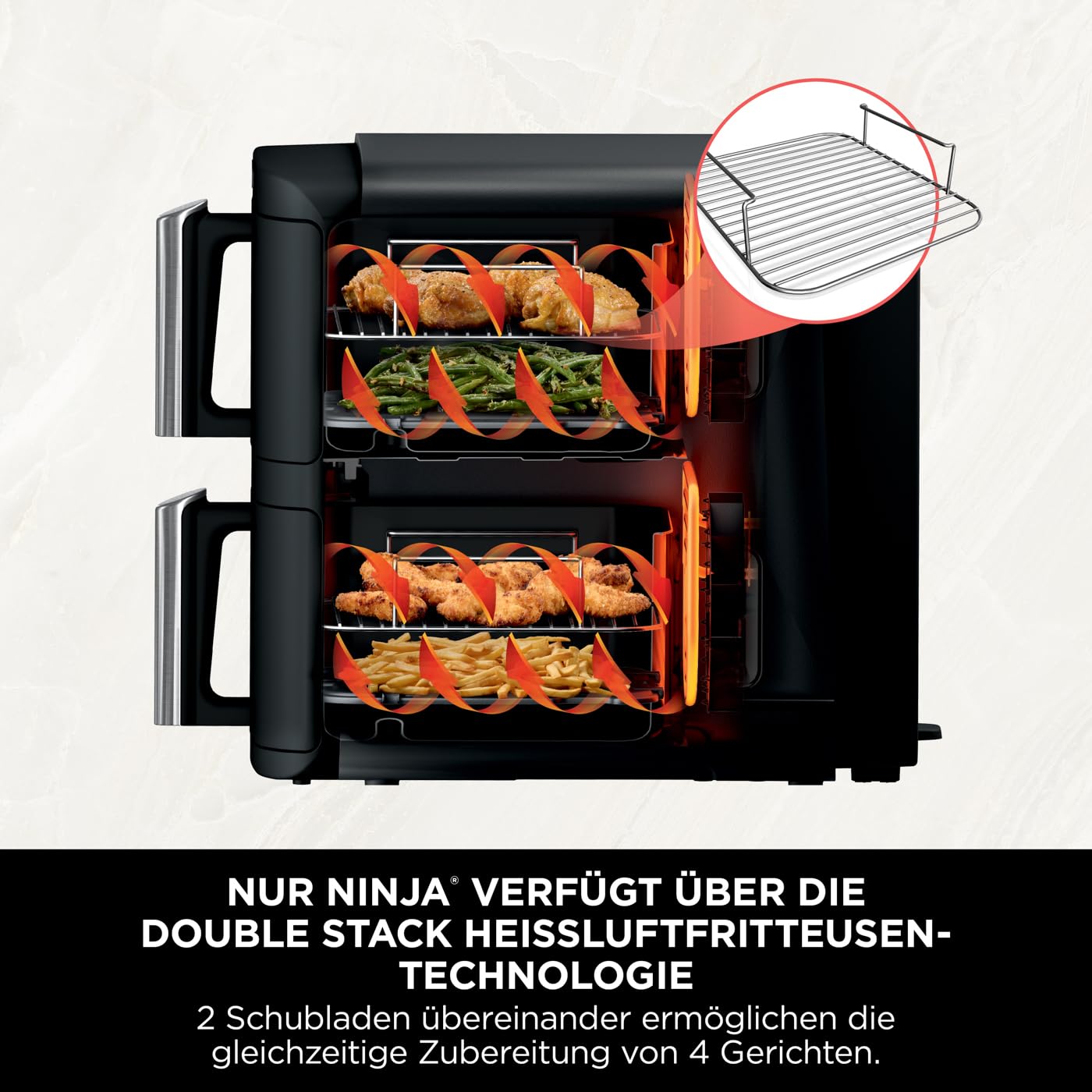 Ninja Double Stack Heißluftfritteuse, 7,6L Digitale Air fryer Doppelkorb mit 4 Kochstufen, 2 Schubladen, 2 Gestelle, platzsparendes Design, 6 Kochfunktionen, 6 Portionen, Schwarz SL300EU 2