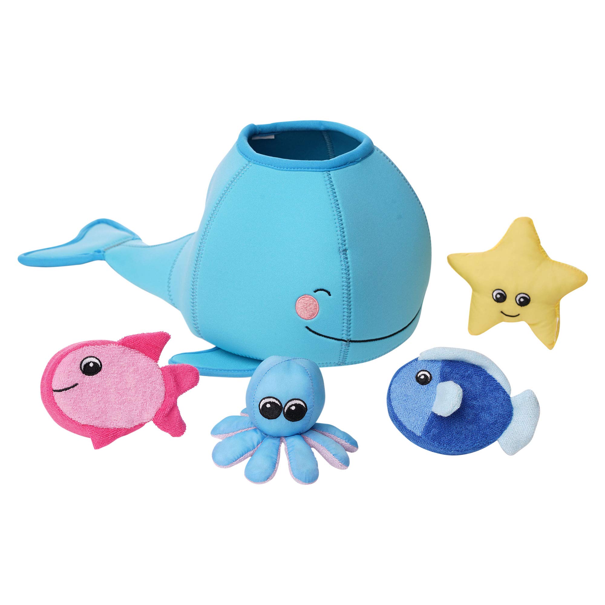 Manhattan Toy Neoprene Whale 5 Piece Floating Spill n Fill Bath Quick Dry Sponges and Squirt Toy