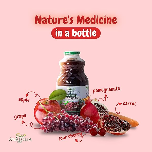 PURE ANATOLIA ORGANIC ANTIOXIDANT DETOX JUICE 32 FL OZ – BLEND OF APPLE, SWEET CHERRY, GRAPE, CARROT, TART CHERRY AND POMEGRANATE – IMMUNE BOOSTING GLASS BOTTLE (PACK OF 1)