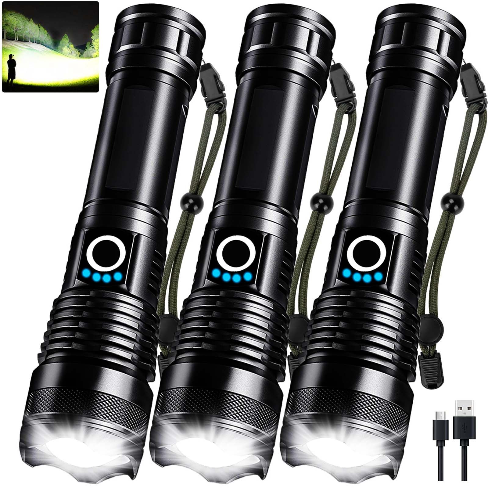 Photo 1 of 3 Pack Rechargeable LED Flashlights High Lumens, 90,000LM Super Bright Flashlight, Adjustable 5 Modes Powerful Flash Light with USB Cable, Waterproof Handheld Flashlight for Home Camping Emergencies