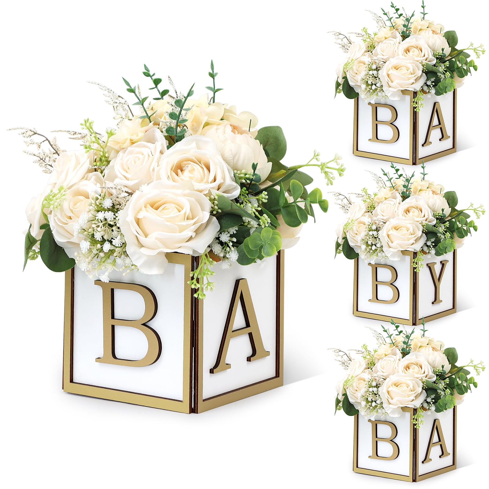 Photo 1 of Acmee 4 Set Baby Shower Centerpieces for Tables - 6 inch Wooden Boxes with Baby Letters Rustic Cube Planter Wood Blocks for Boy Girl Gender Reveal Party Favor (Gold)