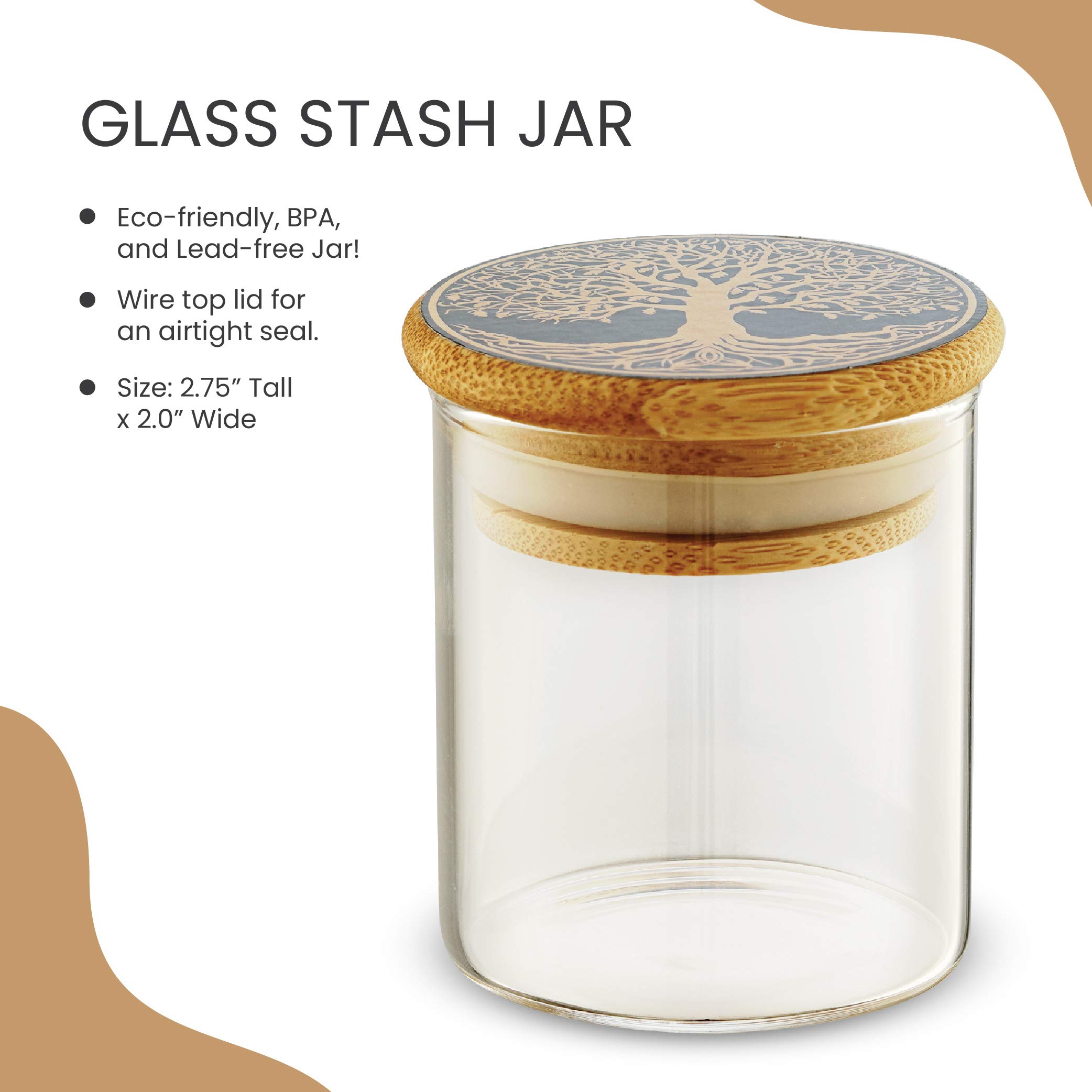 Tree of Life Oak Wood Stash Box Combo - Big Size Titanium 4 Part Herb Grinder - Airtight Wood Lid Glass Stash Jar - Engraved Wood Handmade Decorative Stash Box - Smell Proof and Airtight.