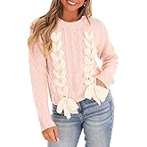 Women Ribbon Sweater Cute Bow Tie Long Sleeve Knit Pullover Winter Casual Crew Neck Cable Knitted Top Streetwear