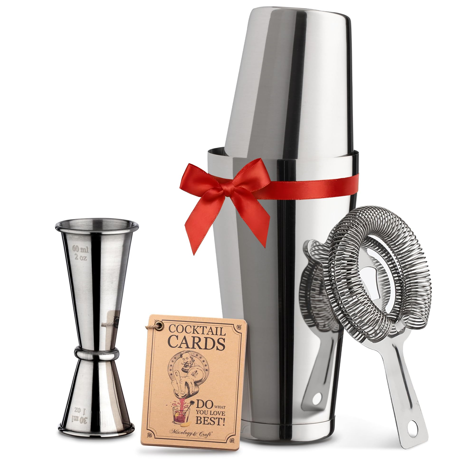 Cocktail Shaker Boston Shaker Set: Professional Weighted Martini Shakers, Cocktail Strainer and Japanese Jigger | Portable Bar Shaker Set for Drink Mixer Bartending | Exclusive Recipes Cards (Silver)