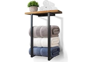 WELLSIGN Towel Racks, Wall Mounted, Metal Towel Holders with Wooden Shelf for Small Bathroom in Rv, Camper, Rolled Bath and Hand Towels Holder Storage and Organization Decor