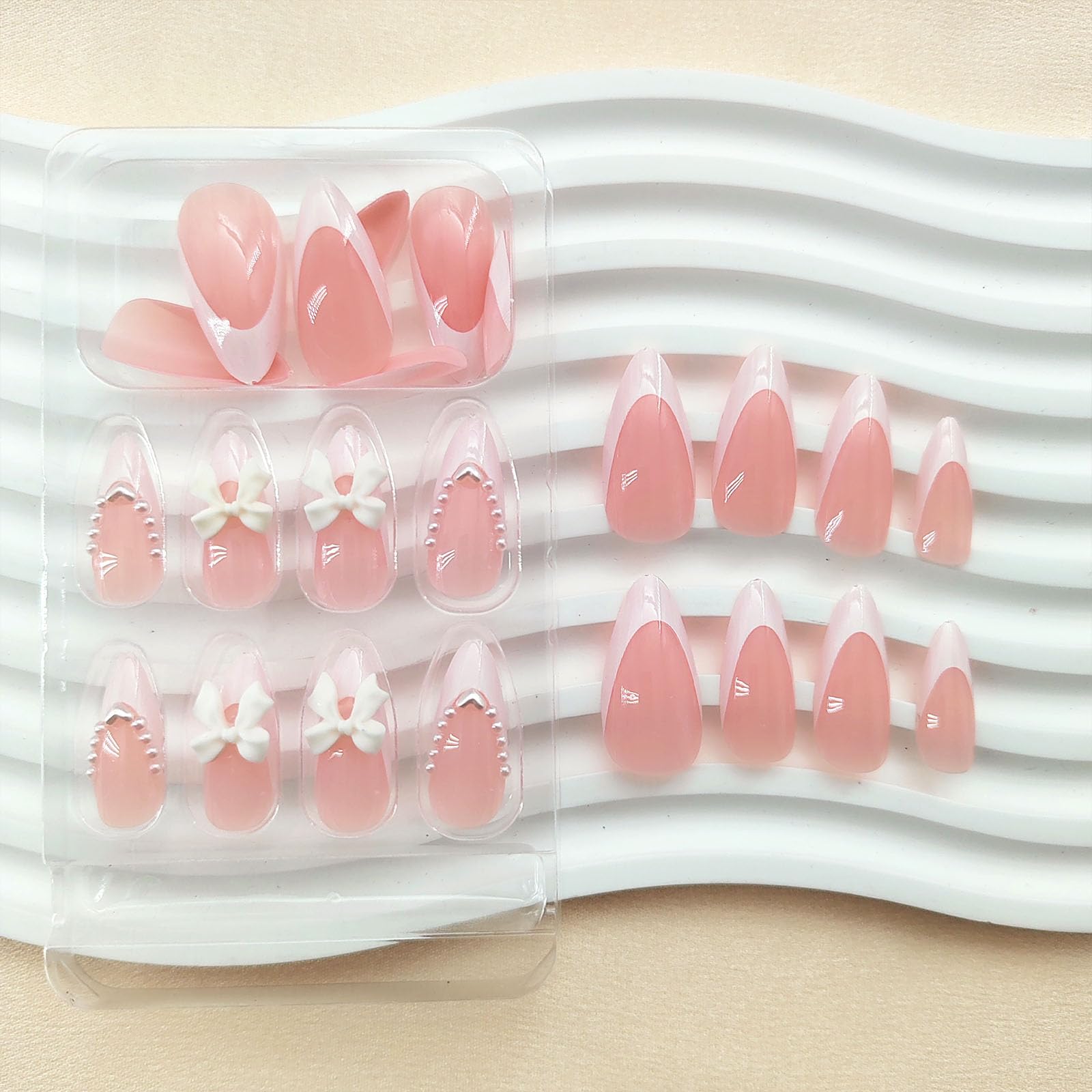 White French Tip Almond Medium Fake Nails with White Pearls Bow Designs Pink Full Cover Glue on Press On Acrylic False Glossy Stick on Nails - 24pcs - Image 2