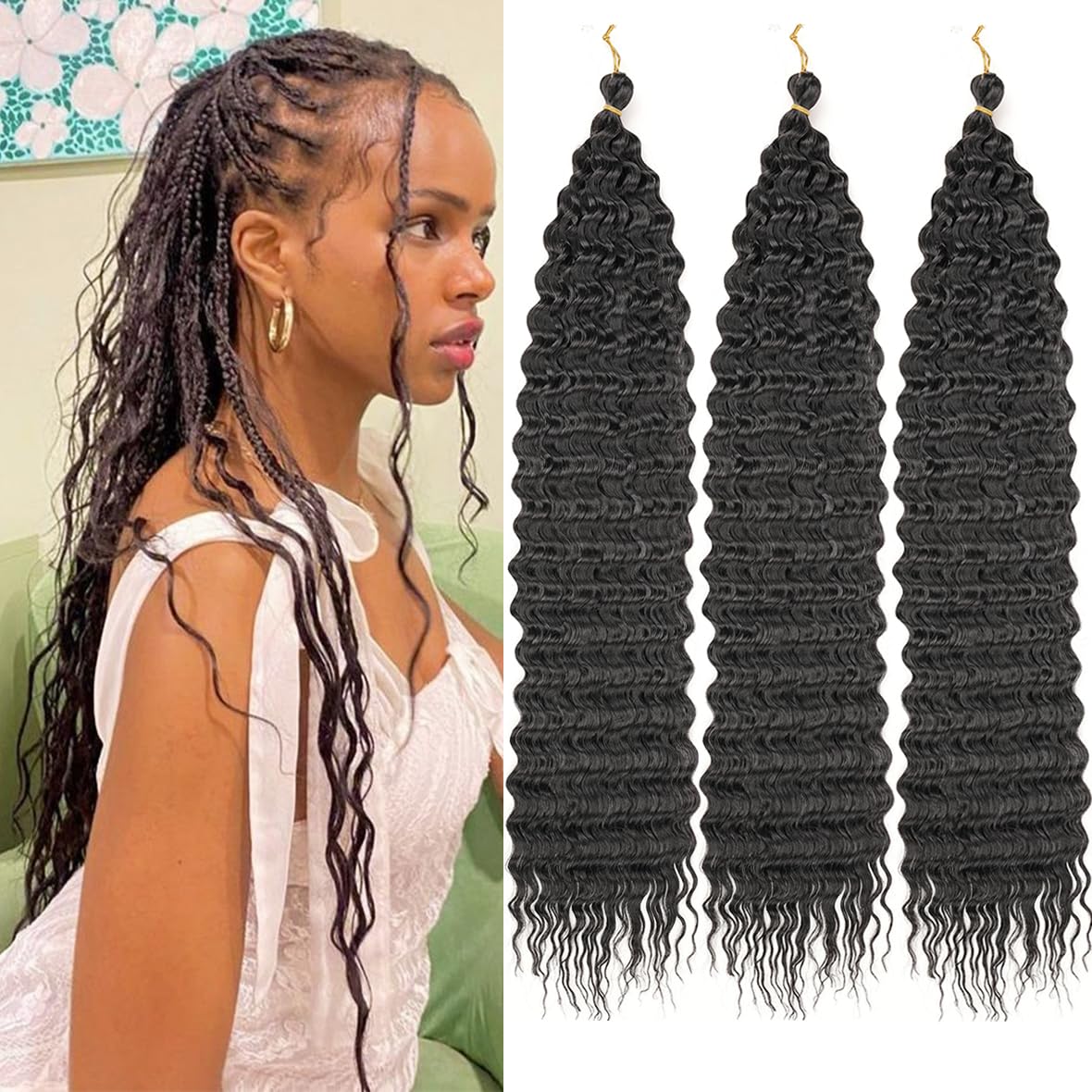 Kachanaa 18 Inch Pre-Separate Black Deep Wave Braiding Hair Extensions Synthetic Crochet Braiding Hair for Goddess Braids 3 Pack Ocean Wave Crochet Hair for Box Braids /1B# — image 1