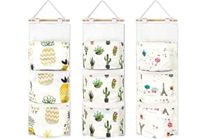 DILIBRA 3 Pack Wall Hanging Storage Bag, Over The Door Closet Hanging Organizer with 3 Pockets, Waterproof Linen Fabric Hanging Pocket for Room Bathroom Bedroom (Tower+Plant+Fruit)