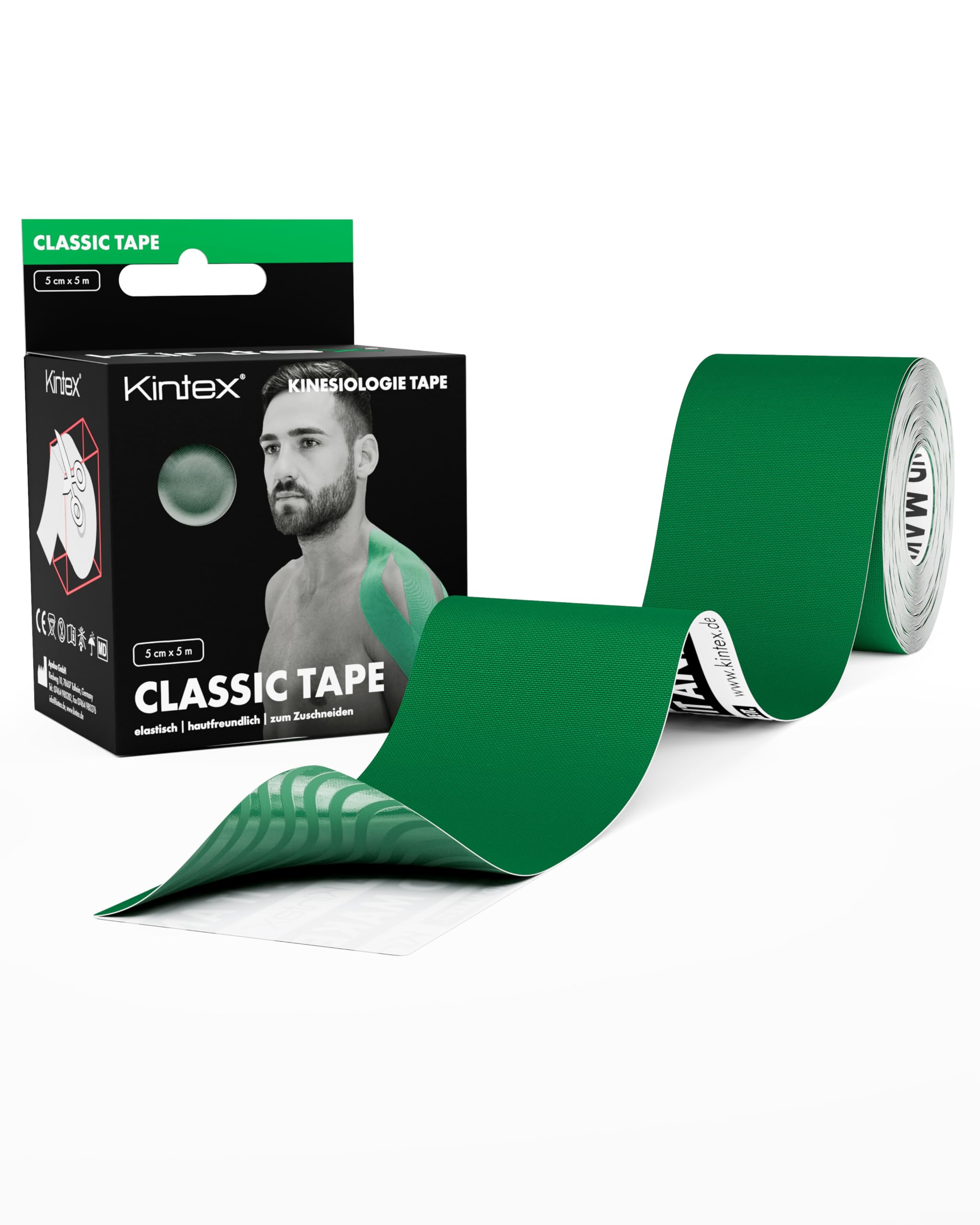 Kintex Classic Kinesiology Tape - Self-Adhesive, Elastic, Waterproof and Anti-Allergic - Sports and Kinesiotape for Use in Sports Injuries - Green - 5 cm x 5 m