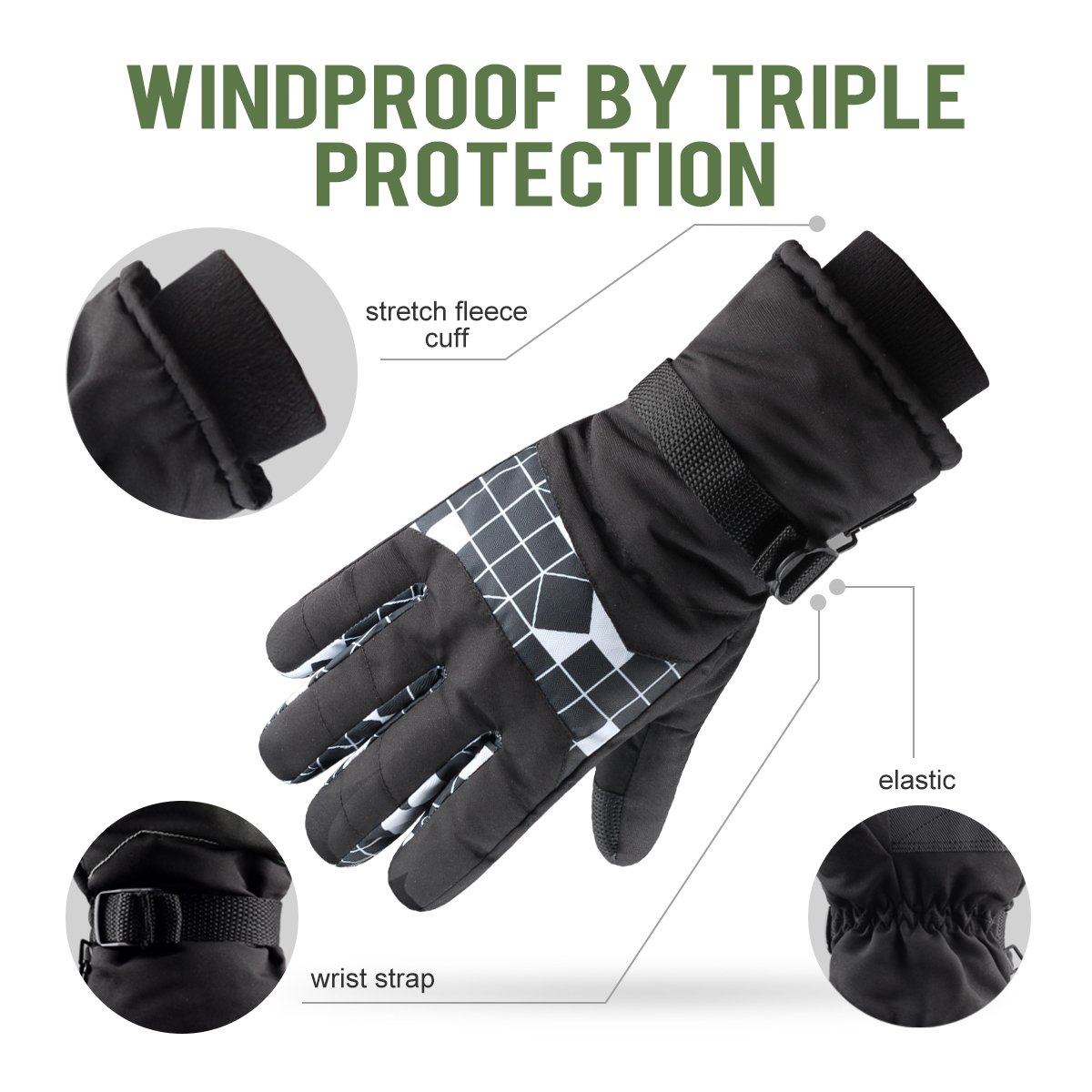 Ski Gloves for Man and Women Waterproof Windproof Snow Skiing Snowboarding Snowmobile Gloves with Non-slip and wear-resistant for Winter outdoors (M, black&plaid)