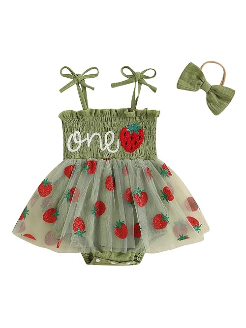 Baby Girl Summer Romper Dress Sleeveless Letter Strawberry Embroidery Tulle Romper 1st Birthday Outfit with Headband (A-Green, 6-12 Months)