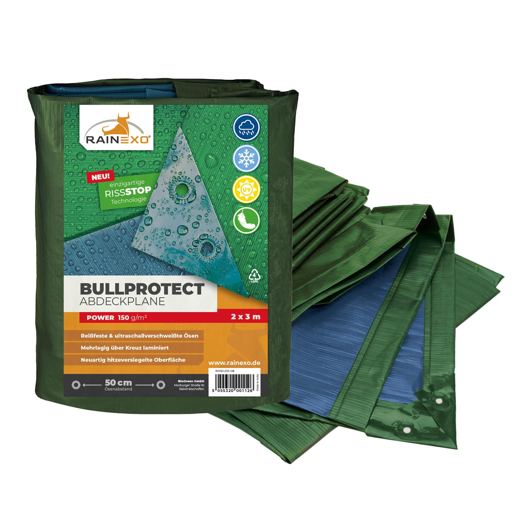 Rainexo Waterproof Outdoor Protection-Cover POWER | 150 g/m² | 2 x 3 m | Furniture/Construction/Greenhouse Cover | Heavy Duty Poly Tarp | Green/Blue
