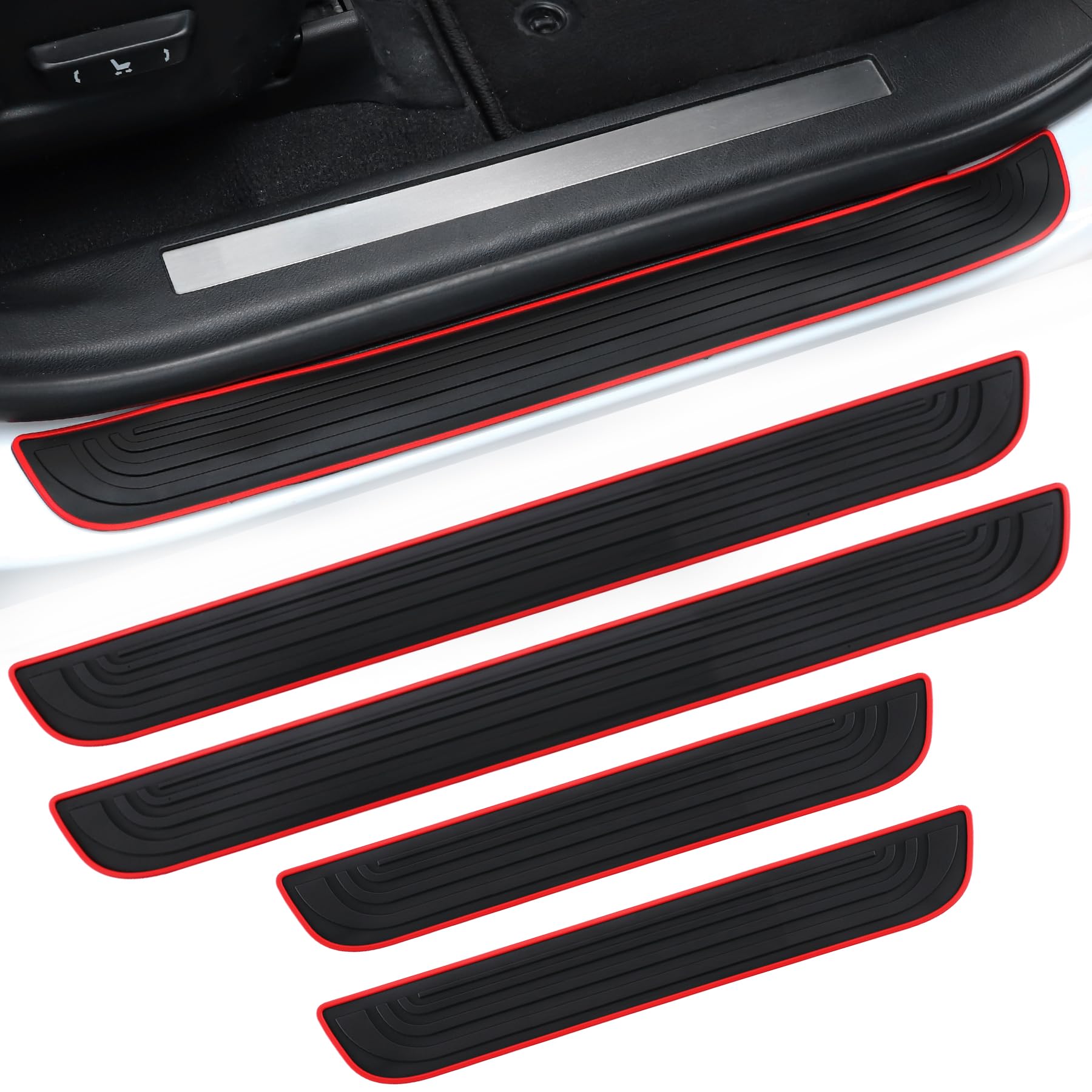 SINGARO Car Door Threshold Protection, 4PCS Door Edge Step Dust Shield Cover, Door Width 23.6x2.36inch Car/SUV Universal Rubber Scratch Resistant Exterior Accessories (Red borde)
