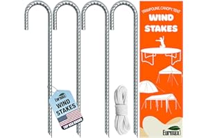 Eurmax USA Trampolines Stakes Heavy Duty Ground Stakes Canopy Parts Wind Stake with Rope 12 Inch Heavy Duty Stake Safety Ground Anchor Galvanized Steel J Shaped, Pack of 4(Silver)