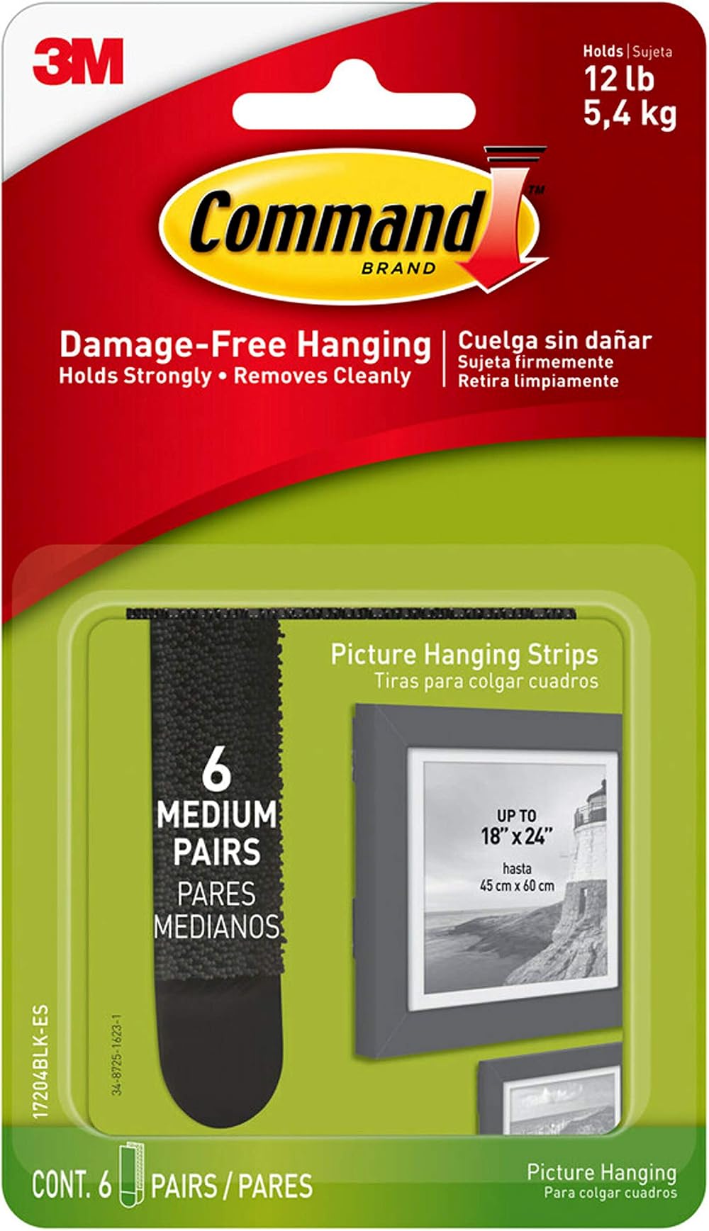 Command Medium Black Picture Hanging Strips 3M 6 Sets Holds 1.36kg