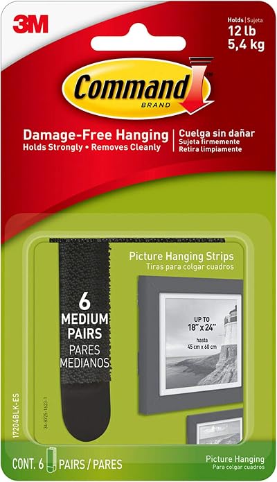 Command Medium Black Picture Hanging Strips 3M 6 Sets Holds 1.36kg