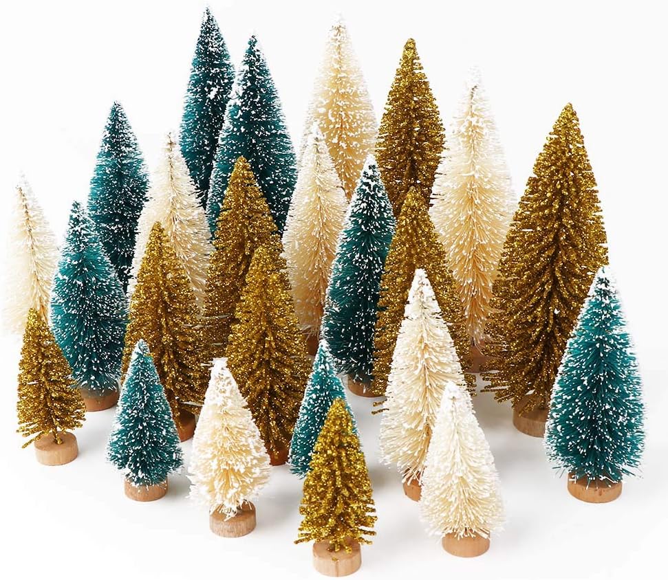 Trees - AerWo 24PCS Artificial Mini Christmas Trees, Upgrade Bottle Brush Trees Christmas Village Trees with Wood Base, Small Sisal Tree for Tabletop Christmas Decor Holiday Winter Christmas Table Decorations