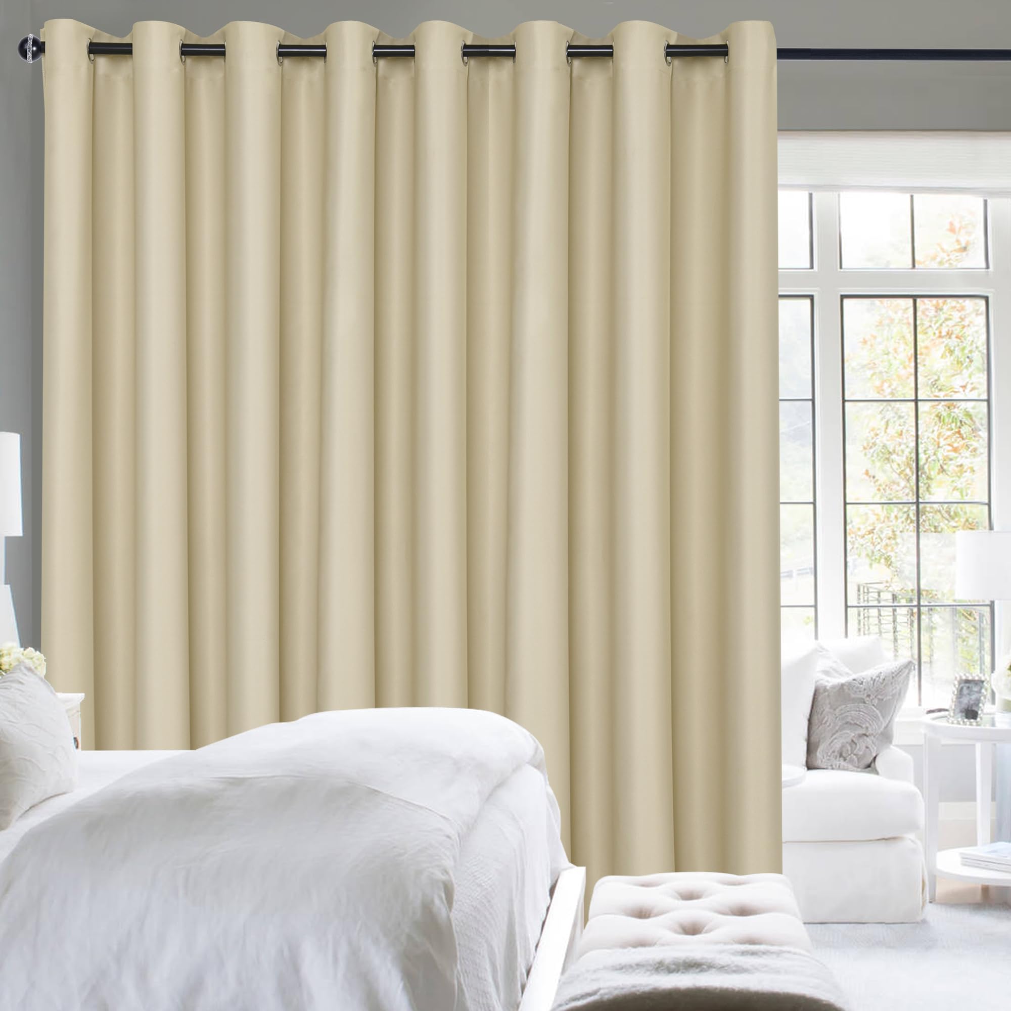 Photo 1 of Hiasan Sliding Patio Door Blackout Curtains,1 Panel Sewn with Tiebacks,Light Beige Room Divider Curtain for Living Room,Bedroom Partition,Shared Office Space with Grommet Top,100W x 96L Inches