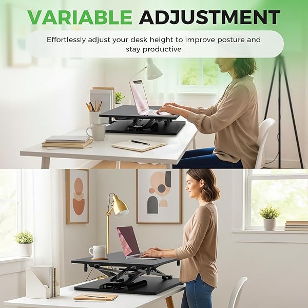 PBUGAC STANDING DESK CONVERTER ADJUSTABLE HEIGHT, 25.16″ × 15.75″ HEIGHT ADJUSTABLE DESKTOP RISER, NO ASSEMBLY REQUIRED, DESKTOP WORKSTATION FOR LAPTOP, MONITOR AND OFFICE USE (BLACK)