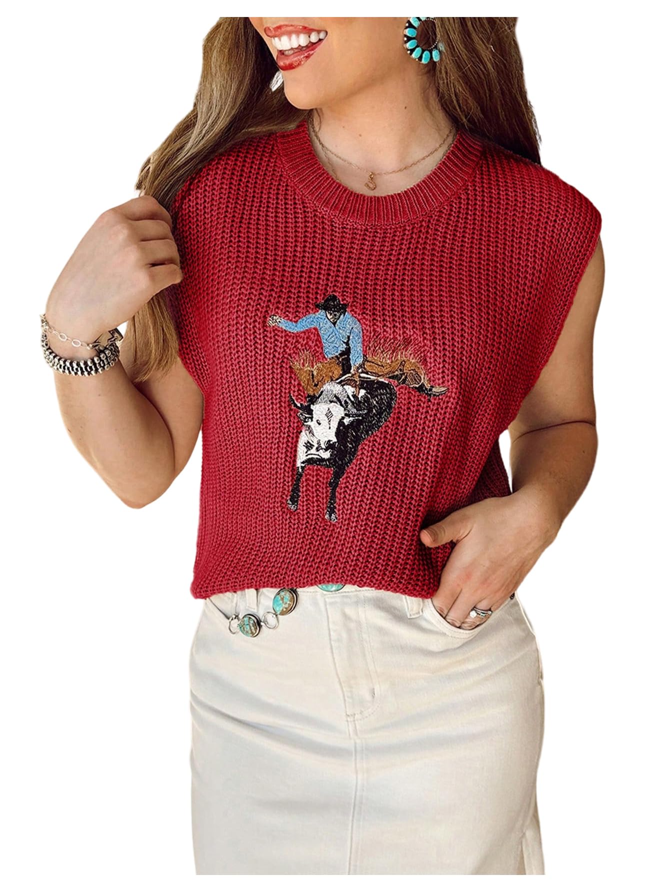 Photo 1 of WDIRARA Women's Western Cowboy Embroidered Sweater Vest Crew Neck Cap Sleeve Pullovers Ribbed Knitwear Red Medium