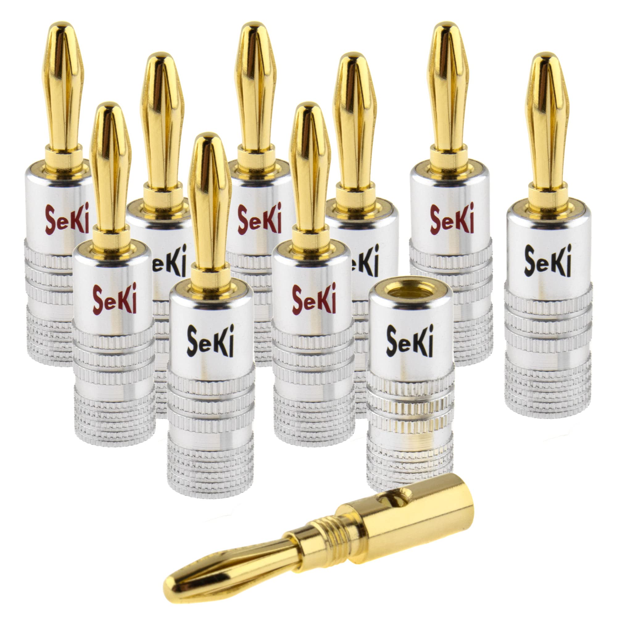 SeKi 10x Banana Plugs 24K Gold-Plated for Speaker Cables up to 6 mm2 with Colour Coding (Red & Black) for Connecting the Cable to HiFi Systems, Amplifiers, Stereo Systems