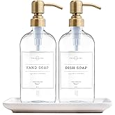 Vine Creations Glass Soap Dispenser, 2 Pack Kitchen Soap Dispenser Set with Ceramic Tray, Stainless Steel Pump, Dish Soap and