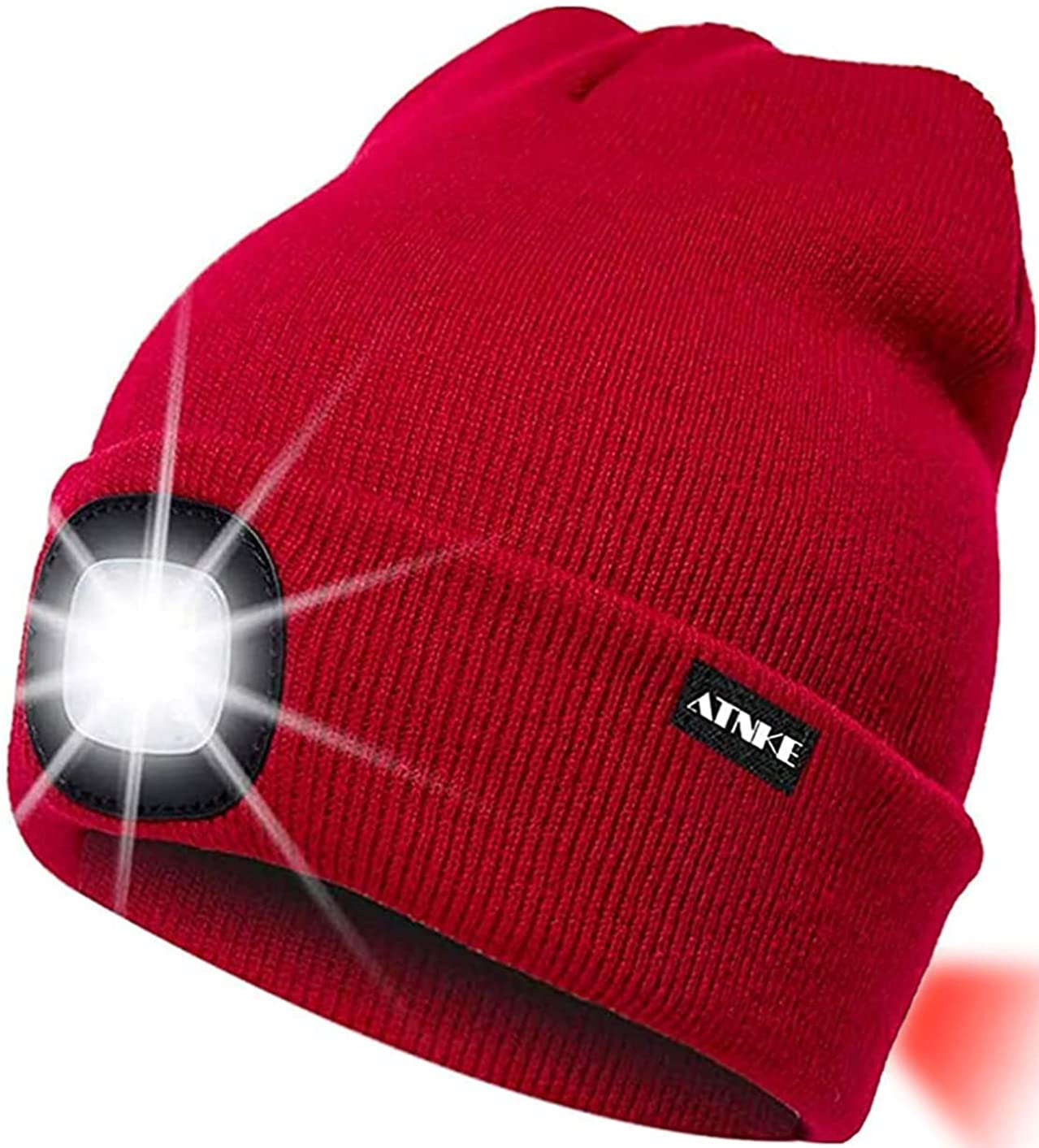 ATNKE 8LED Lighted Knit Hat,USB Rechargeable Running Headlamp Cap Ultra Bright Waterproof Light Lamp and Flashing Alarm Red Tail Light Multi-Color/Red