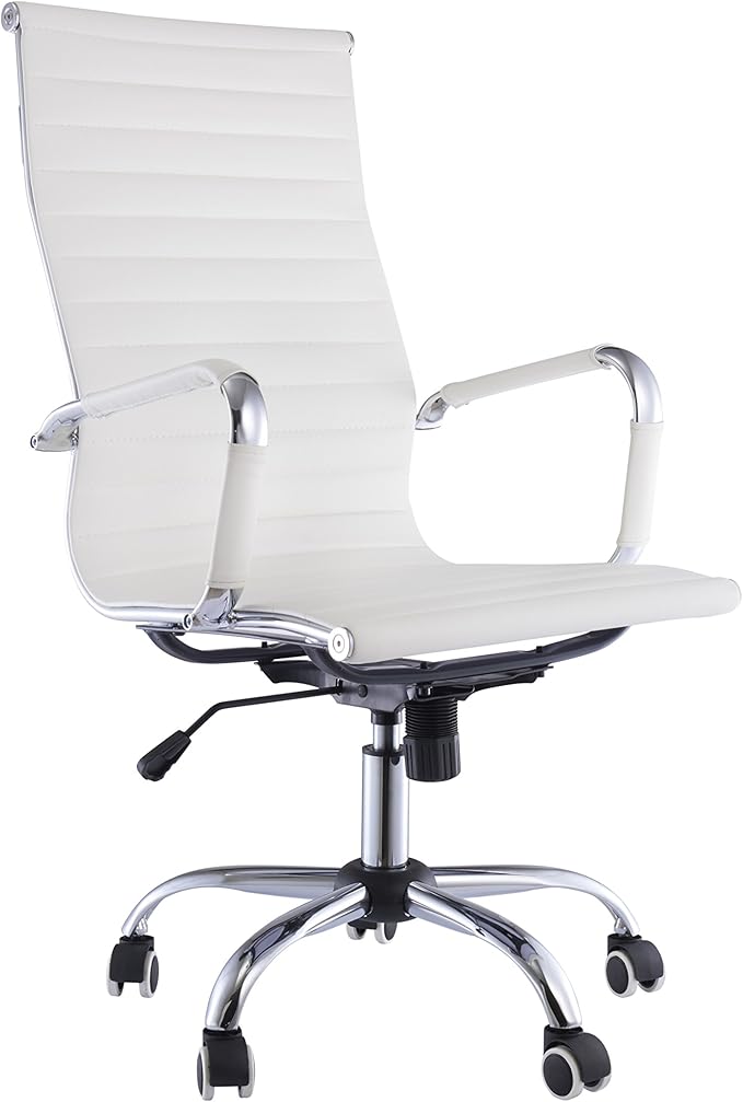 EBS White Ribbed Desk Chair Computer Office Chair Swivel Chrome Metal