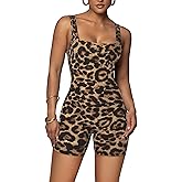 VJHX Leopard Cheetah Print One Piece Shorts Jumpsuits for Women Elegant Bodycon Rompers Sexy Club Workout Yoga Short Bodysuit