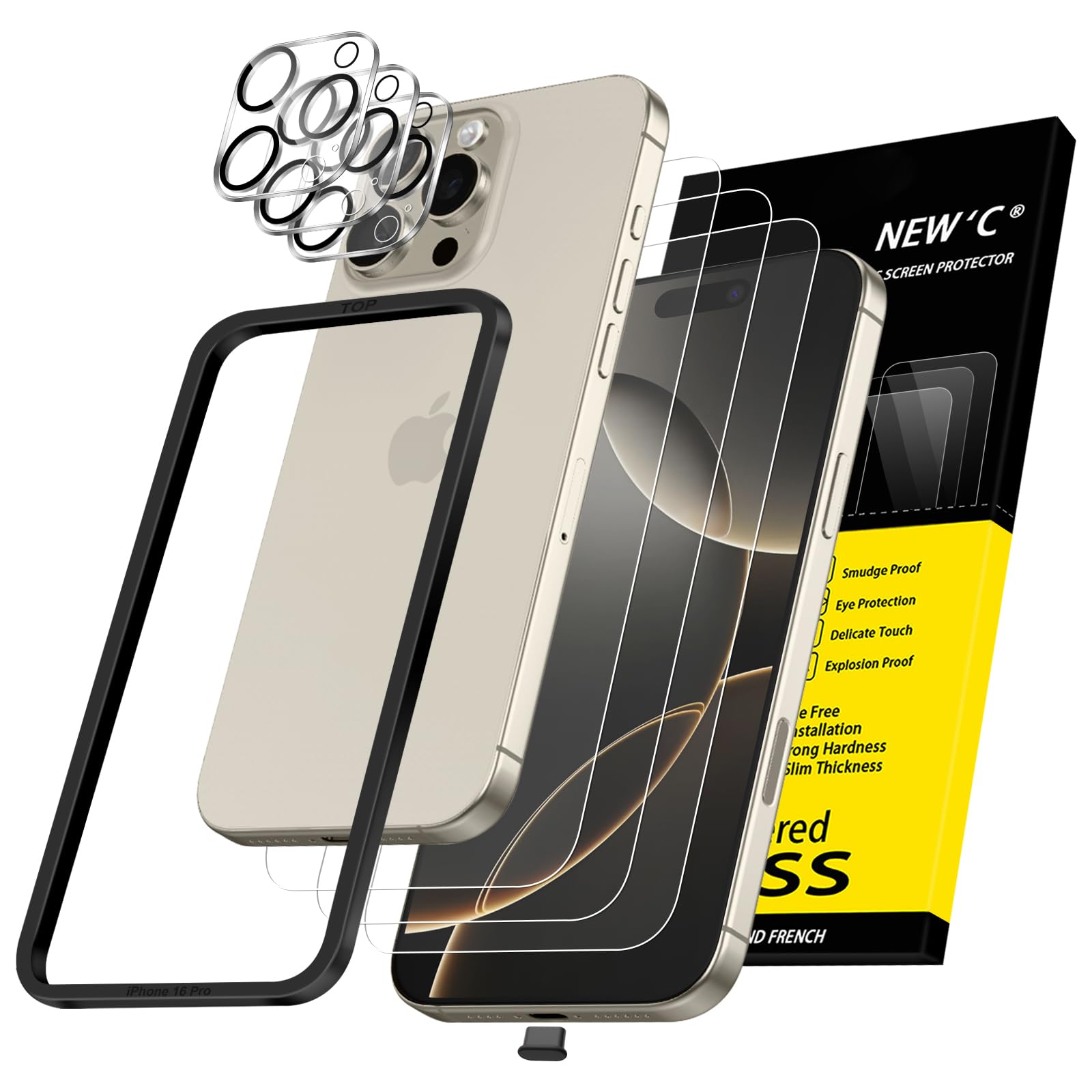 Photo 1 of NEW'C 3X for iPhone 16 Pro Screen Protector (6.3 inches)+ 3X Camera Lens Protector, Sensor Protection, Case Friendly Tempered Glass Film + Dust Plug- Easy Installation Tool Include