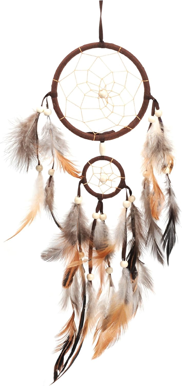 Dream Catchers Brown Handmade Beaded Feather Native American Dreamcatcher Circular Net for Car Kids Bed Room Wall Hanging Decoration Decor Ornament Craft, Dia of Circle: 4.33inch/11cm &1.97inch/5cm