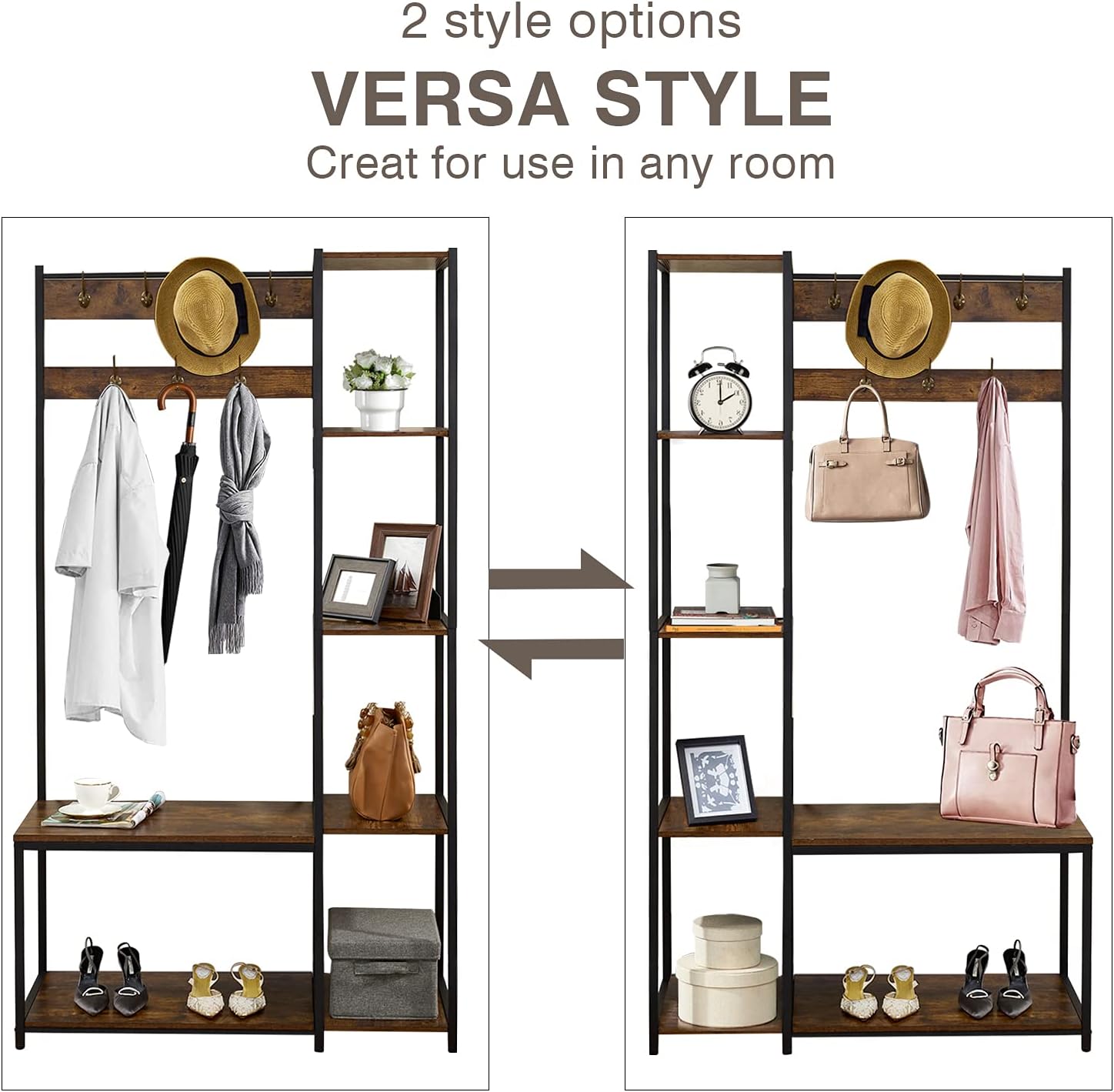 VECELO Coat Rack Bench,Hall Tree with 7 Hooks Entryway Storage 4 Shelves and 1-Tier Shoe Shelf,Wood Look Accent Furniture Metal Frame, Rustic Brown: Home & Kitchen