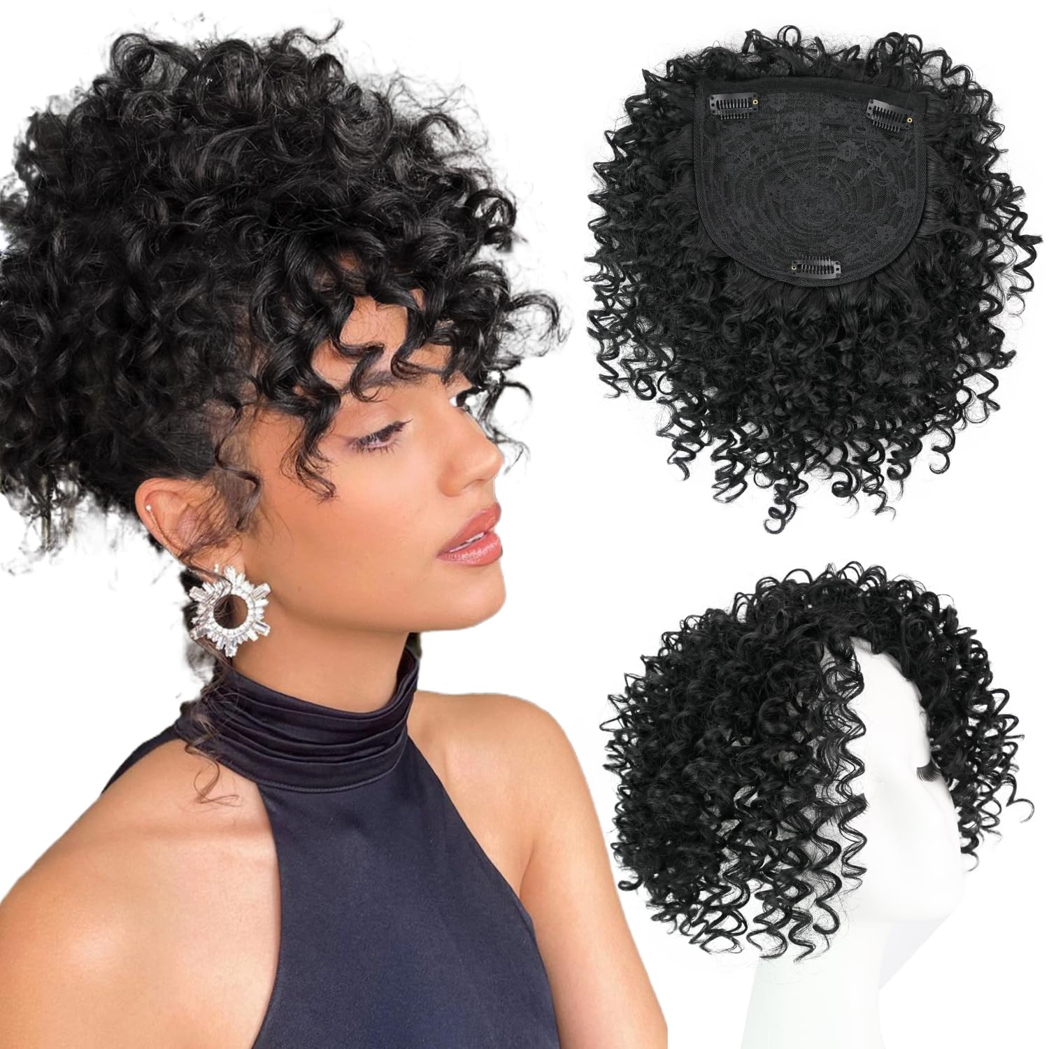 Photo 1 of Adancyler Natural Afro Kinky Curly Short Hair Toppers With Bangs - Black Clip-in Synthetic Wiglets for Men and Women With Thinning Hair - Instant Volume and Style