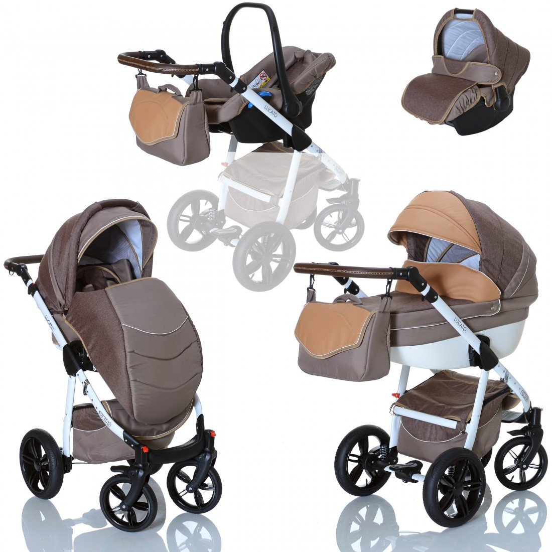 LCP Kids 3in1 Kombi Kinderwagen Lucato Luftreifen Komfort mit Pannenfrei Garantie, Farbe:Cacao