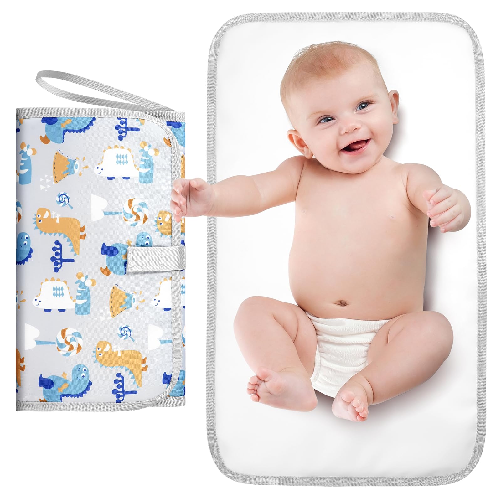 HOTUT Baby Portable Nappy Changing Mat with Head Cushion, Waterproof Travel Changing Pad, Grey