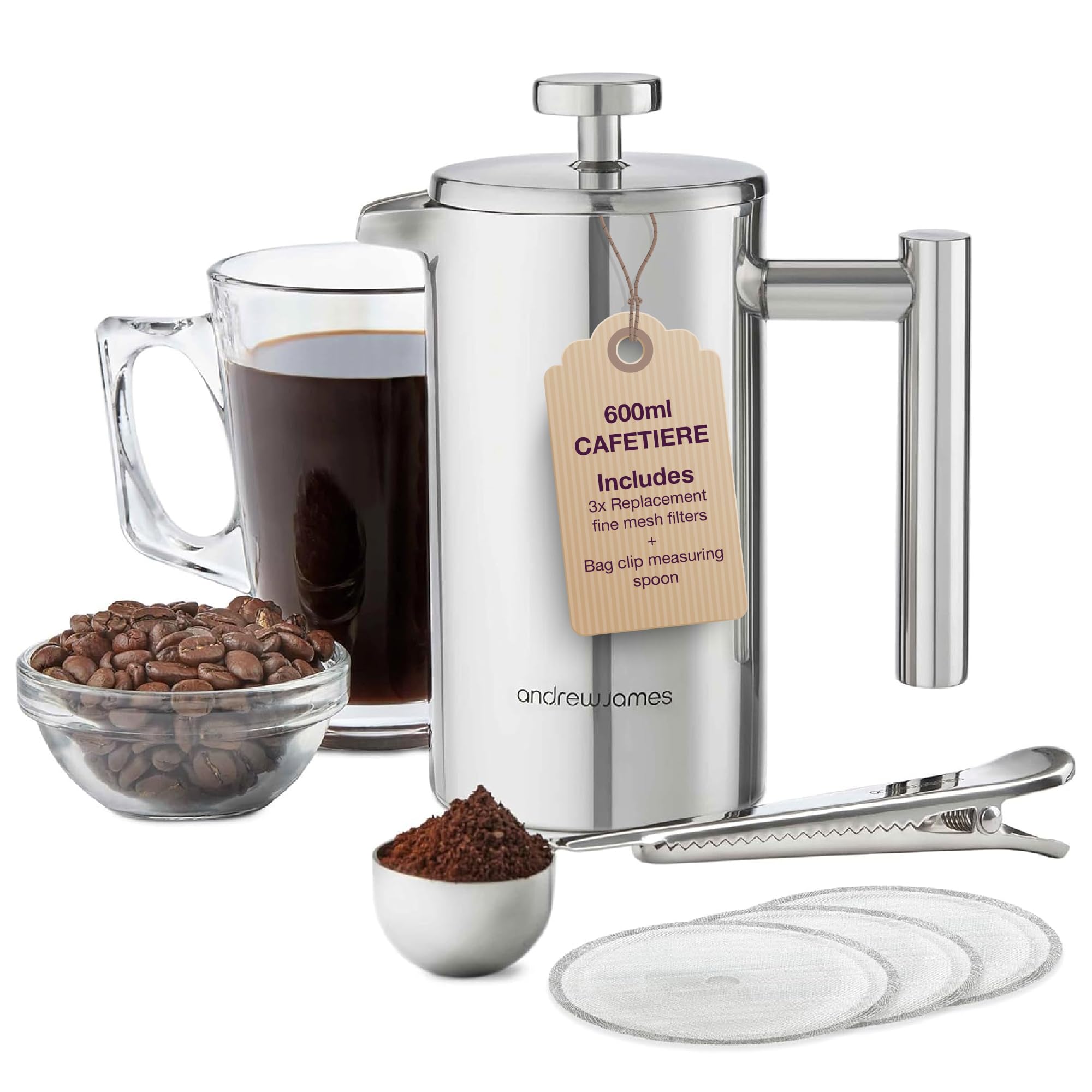 andrew james Double Walled Stainless Steel Cafetiere Gift Set With Coffee Measuring Spoon And Bag Sealing Clip | Delicious French Press Coffee | Easy to Clean (600ml, Stainless Steel)