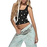 SHENHE Women's Ribbed Rhinestone Tank Top Square Neck Slim Fit Boho Summer Dressy Crop Top