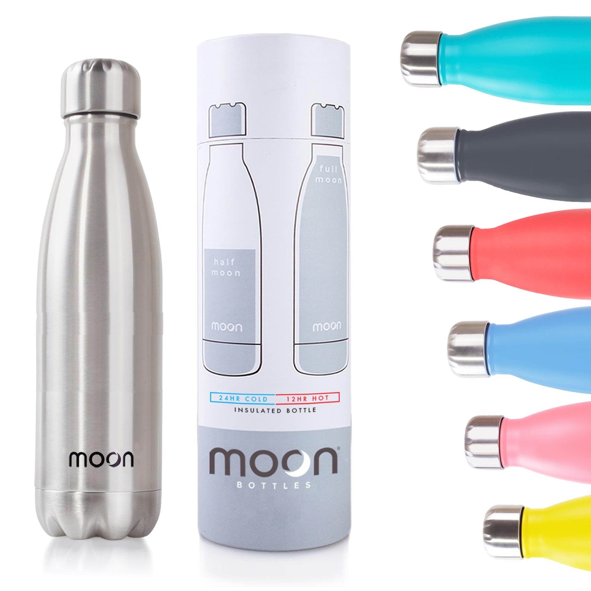 Moon Bottles - Insulated Water Bottle that Lasts Forever - 18/8 Stainless Steel Vacuum Flask - Double Walled Drink Bottle - Thermal Metal Flasks, Leakproof, 24hrs Cold & 12 Hot (1 Litre, Silver)