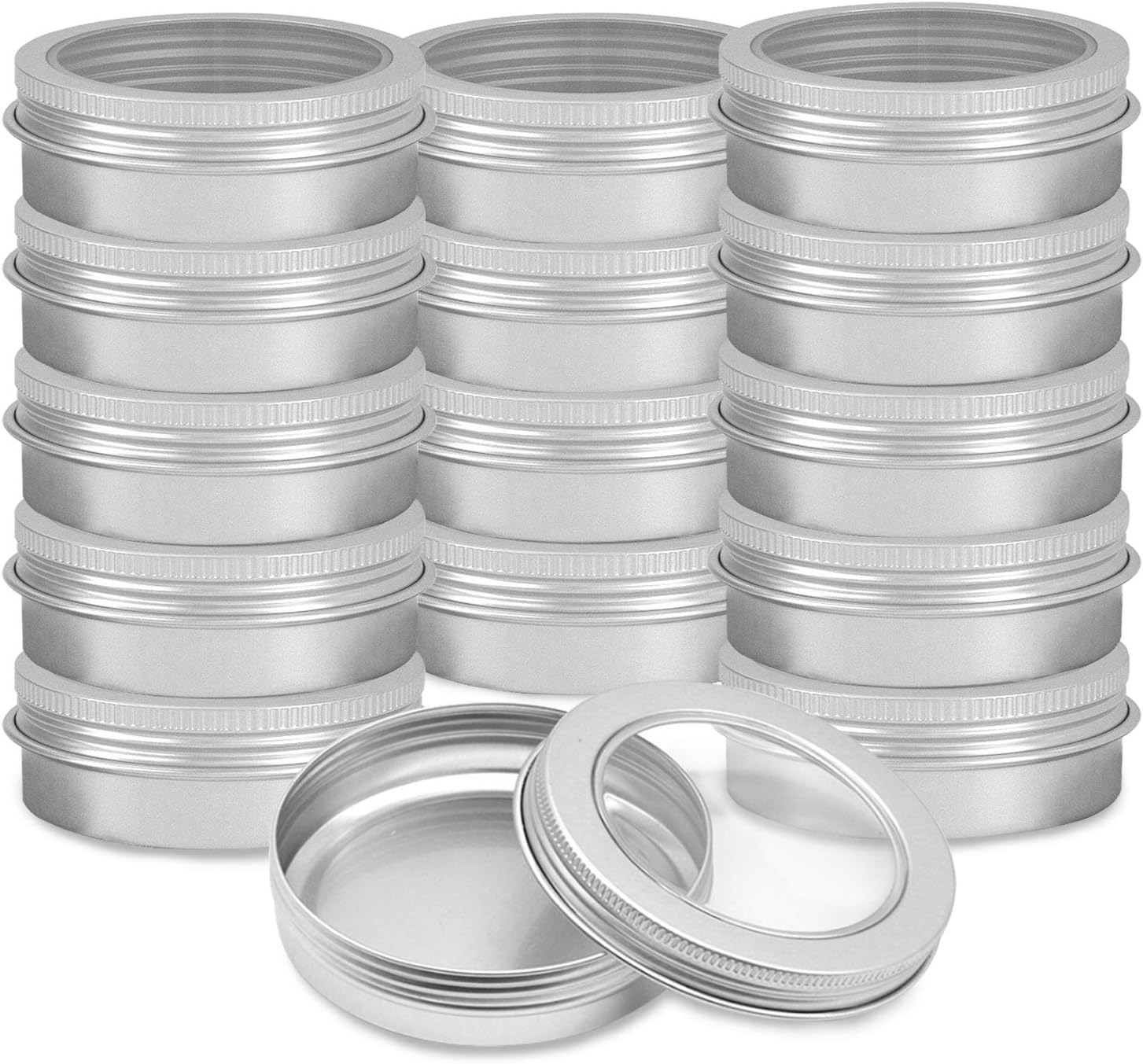 15 Pack 4oz Metal Round Tins, Lainrrew Aluminum Tin Cans Small Metal Food Travel Tins Storage Jars Containers with Clear Top and Screw Lids for Spices, Candles, Arts & Crafts (4oz)