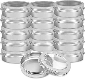 15 Pack 4oz Metal Round Tins, Lainrrew Aluminum Tin Cans Small Metal Food Travel Tins Storage Jars Containers with Clear Top and Screw Lids for Spices, Candles, Arts & Crafts (4oz)