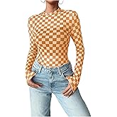 Floerns Women's Checker Print Long Sleeve T Shirts Sheer Mesh Plaid Print Tops